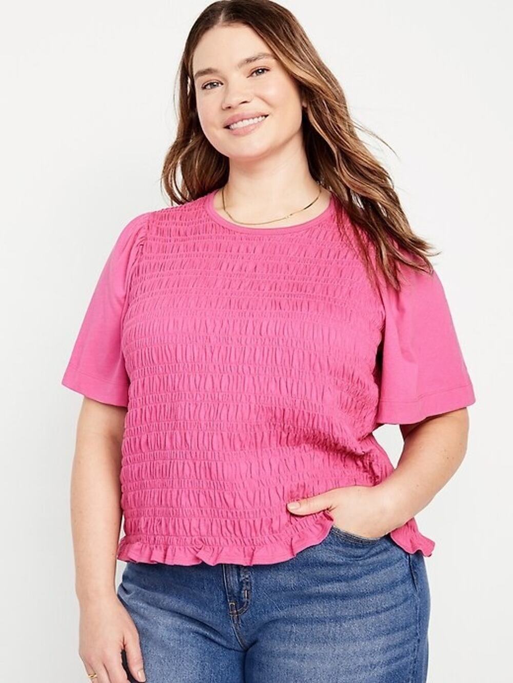 Old Navy Pink Crew Neck Short Flutter Sleeves Plus Size XXL NWT Smocked Top
